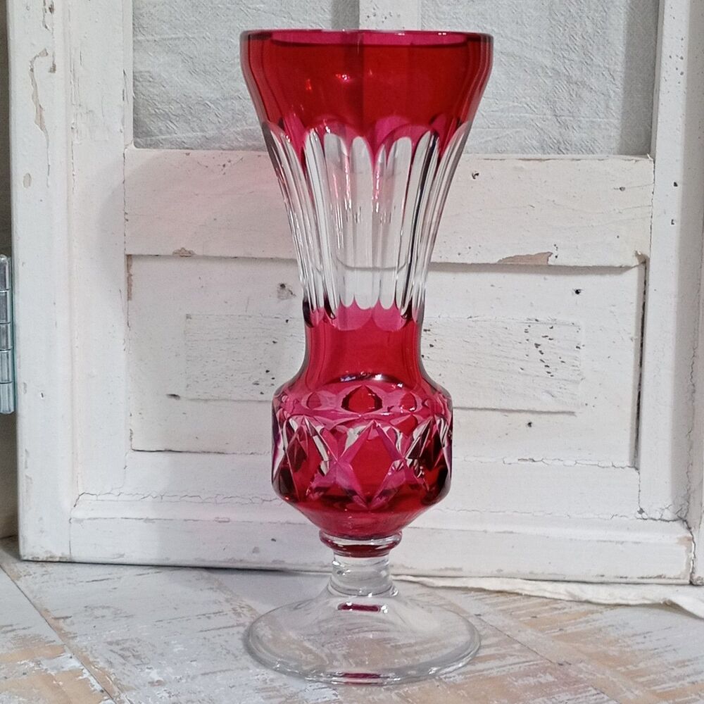 Val St Lambert Crystal Vase Cranberry Cut To Clear Blown Belgium Signed READ